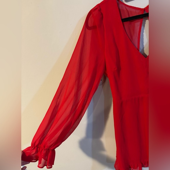 Lulu's Red Ruffled V-Neck Open Back Mini Dress- Large - Picture 2 of 5